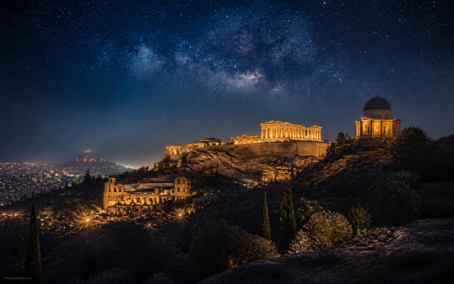Athens at night — the Acropolis and the observatory beneath a starry sky
